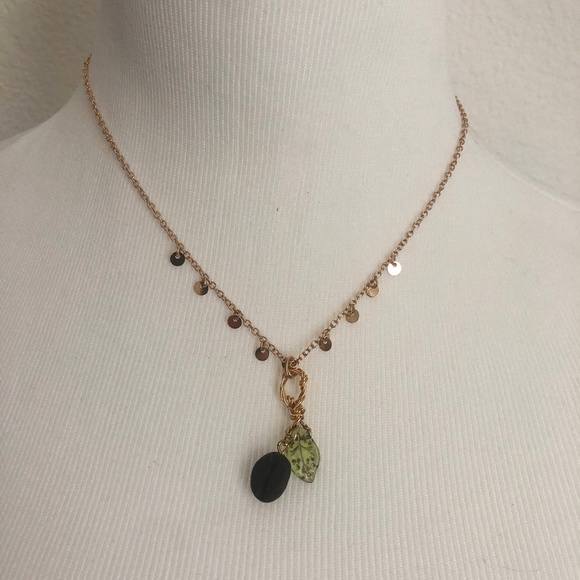 NWOT Coffee bean and green leaf necklace with gold tone chain - Picture 3 of 4